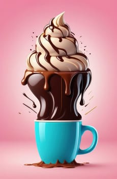 Delicious ice cream coffee dessert in cup, beautifully presented on vibrant pink background. For advertising, banner, relaxation, lifestyle, menu, dessert, culinary, cafe themed content. Copy space