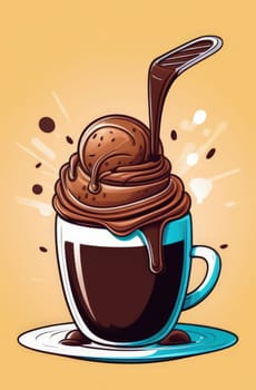 Luxurious and tempting process of pouring rich and creamy chocolate into cup with ice cream, coffee. For advertising, banner, relaxation, menu, dessert, culinary or cafe themed content. Copy space