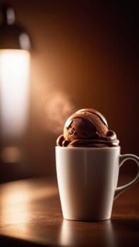 Delicious cup of ice cream sits on table in front of window, basking in natural light. For advertising, banner, relaxation, lifestyle, menu, food, dessert, culinary or cafe themed content. Copy space