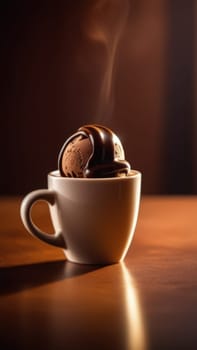 Cup of coffee topped with creamy ice cream and decadent chocolate, set against dark background. For advertising, banner, relaxation, lifestyle, menu, dessert, culinary cafe themed content. Copy space