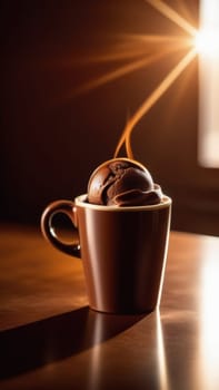 Combines elements of coffee cup, ice cream, chocolate creating visually appealing luxurious image against dark backdrop. For advertising, banner, menu, dessert, cafe themed content. Copy space