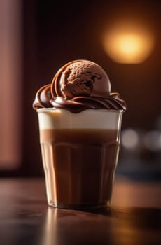 Combines elements of coffee cup, ice cream, chocolate creating visually appealing luxurious image against dark backdrop. For advertising, banner, menu, dessert, cafe themed content. Copy space