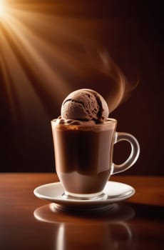 Cup of coffee topped with creamy ice cream and decadent chocolate, set against dark background. For advertising, banner, relaxation, lifestyle, menu, dessert, culinary cafe themed content. Copy space