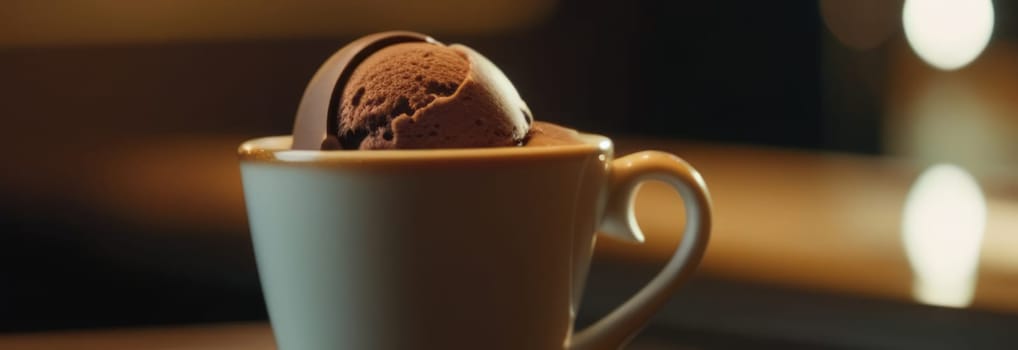 Combines elements of coffee cup, ice cream, chocolate creating visually appealing luxurious image against dark backdrop. For advertising, banner, menu, dessert, cafe themed content. Copy space