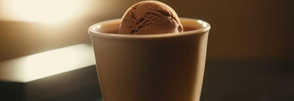 Delicious cup of ice cream sits on table in front of window, basking in natural light. For advertising, banner, relaxation, lifestyle, menu, food, dessert, culinary or cafe themed content. Copy space