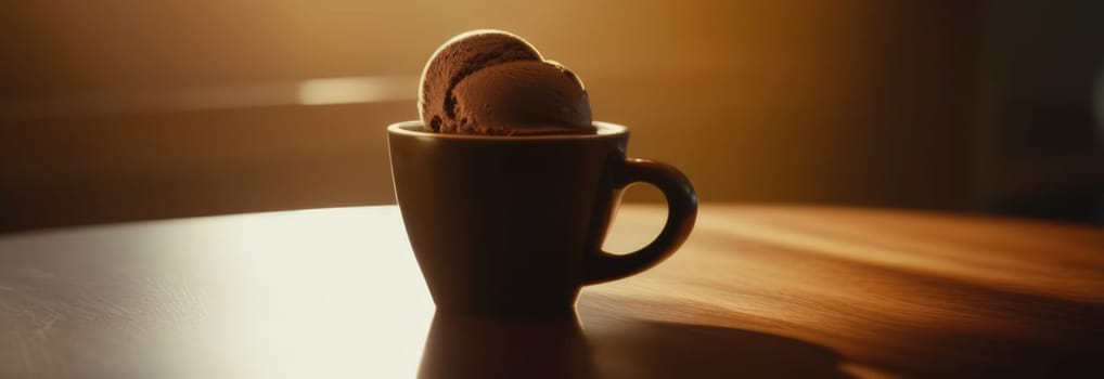 Delicious cup of ice cream sits on table in front of window, basking in natural light. For advertising, banner, relaxation, lifestyle, menu, food, dessert, culinary or cafe themed content. Copy space