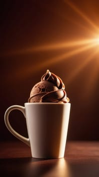 Combines elements of coffee cup, ice cream, chocolate creating visually appealing luxurious image against dark backdrop. For advertising, banner, menu, dessert, cafe themed content. Copy space