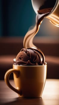 Luxurious and tempting process of pouring rich and creamy chocolate into cup with ice cream, coffee. For advertising, banner, relaxation, menu, dessert, culinary or cafe themed content. Copy space