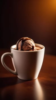 Delicious cup of ice cream sits on table in front of window, basking in natural light. For advertising, banner, relaxation, lifestyle, menu, food, dessert, culinary or cafe themed content. Copy space