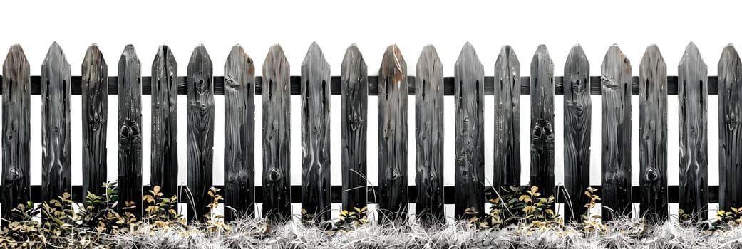 A monochromatic image showcasing a wooden picket fence, highlighting the symmetry and classic allure of the timeless tool