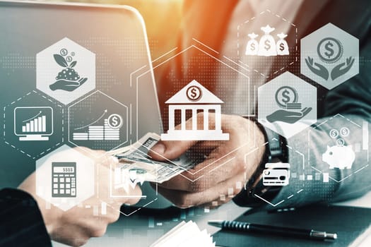 Finance and Money Transaction Technology Concept. Icon Graphic interface showing fintech trade exchange, profit statistics analysis and market analyst service in modern computer application. uds