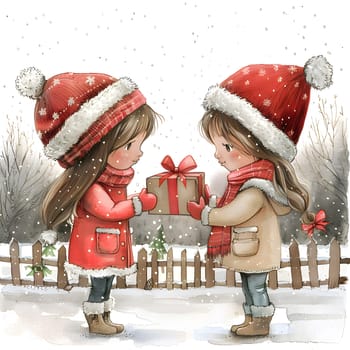 Two young girls stand in the snow, clutching Christmas presents from Santa Claus. The scene is a heartwarming holiday gesture, with the Christmas tree adorned in festive ornaments and decorations