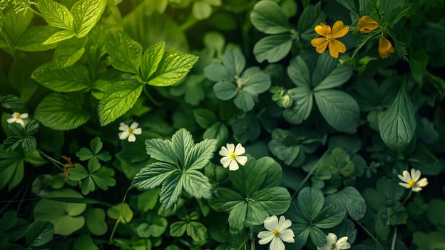 A detailed view of various green leaves and blooming flowers showcasing their vibrant colors and intricate details.