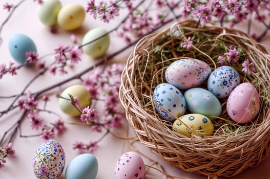 A festive display of colorful, hand-painted Easter eggs nestled among delicate spring blossoms - Generative AI