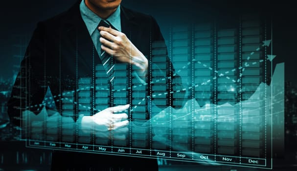 Double Exposure Image of Business and Finance - Businessman with report chart up forward to financial profit growth of stock market investment.