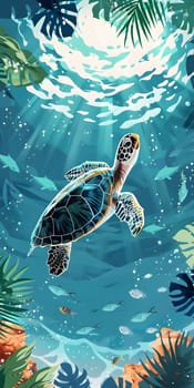 A Kemps ridley sea turtle, a reptilian organism, gracefully swims underwater in the fluid environment of the ocean surrounded by various marine biology species