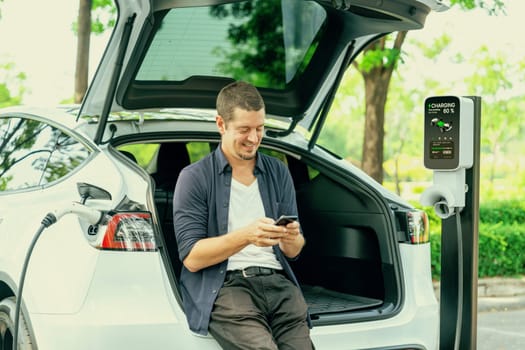 Man using smartphone online banking application to pay for electric car battery charging from EV charging station during vacation holiday road trip at national park or summer forest. Exalt