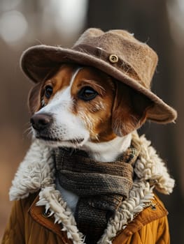 A small brown and white dog, a carnivore and companion dog, wearing a hat and scarf as a fashion accessory. Its whiskers and fur make it look stylish like a piece of art