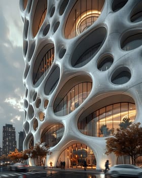 The condominium building features a striking urban design with numerous windows and holes, allowing ample light to filter through. It stands as a landmark in the citys landscape