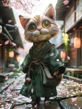 A Felidae wearing a green robe, standing on a sidewalk. The Carnivores whiskers twitch as it plays with a toy. This Small to mediumsized cat resembles a fictional character in a patterned art event