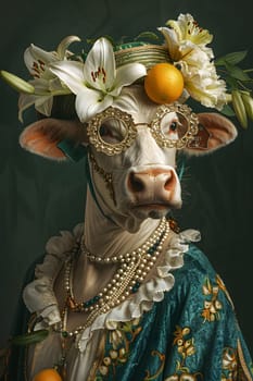 A fictional character cow wearing a mask and a pearl necklace, inspired by Plant art. This unique costume design combines fashion accessory with working animal in a creative event painting