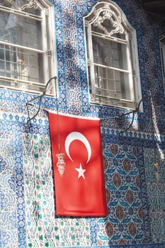 turkey istanbul 22 may 2023. Turkish flag on the wall of a Eyup Sultan mosque .