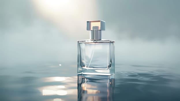 Product mockup photography, bottle of Perfume and white color background simple lighting in water.