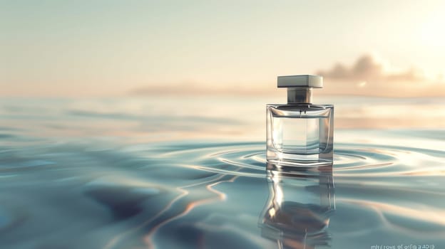 Product mockup photography, bottle of Perfume and white color background simple lighting in water.
