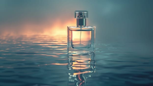 Product mockup photography, bottle of Perfume and white color background simple lighting in water.