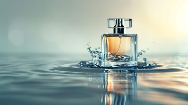 Product mockup photography, bottle of Perfume and white color background simple lighting in water.