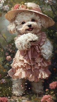 A toy poodle is depicted in a painting wearing a pink dress and sun hat, surrounded by cut flowers and grass. This colorful artwork captures a whimsical event
