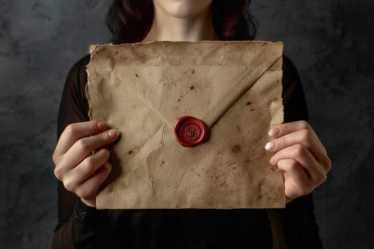hand woman hold Old envelope with wax seal.ai generative.