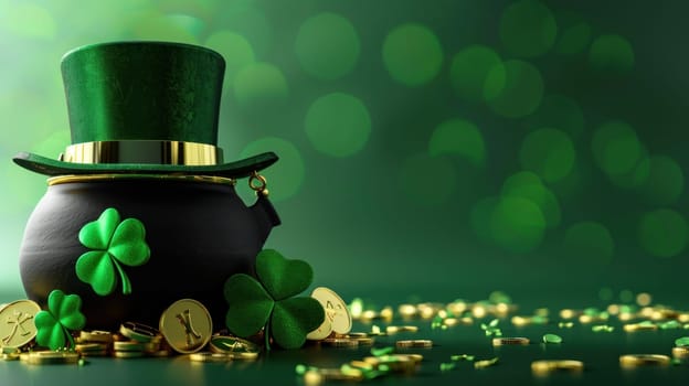 Pot of gold coins with clover leaves on green background. St. Patrick's Day. Generative AI.