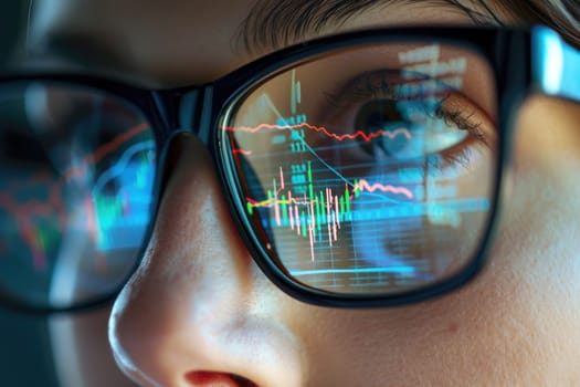 A close-up of a person's face, with a reflection of graphs and numbers in their glasses. Generative AI.