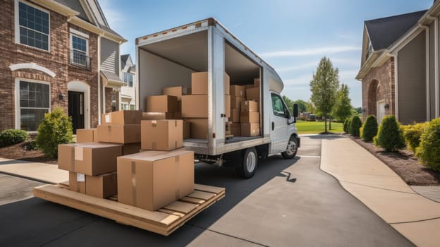 A truck is parked on the side of a street with boxes on the back. Generative AI.