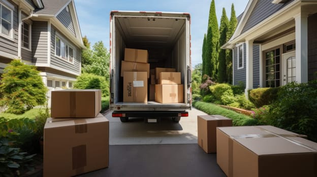 A truck is parked on the side of a street with boxes on the back. Generative AI.