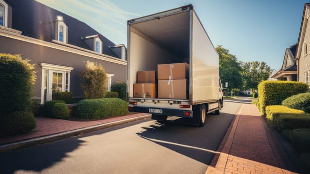 A truck is parked on the side of a street with boxes on the back. Generative AI.