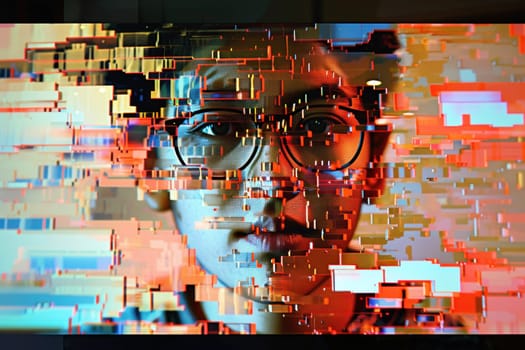 Glitch art abstract portrait, digital distortion and pixelation over facial features. Generative AI.