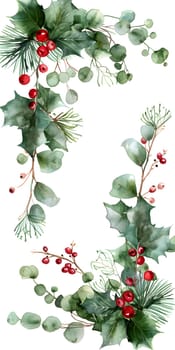 A watercolor painting of a Christmas wreath featuring holly, berries, and pine needles, adorned with Christmas ornaments and twigs, capturing the beauty of this festive shrub