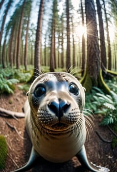 Close-up Animal in forest take selfie. interaction between wildlife and modern photography trends