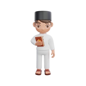 3D Illustration of Muslim character joyful holding the Holy Quran, perfect for Ramadan kareem themed projects