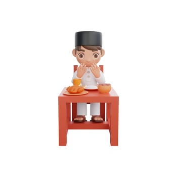 3D Illustration of Muslim character sitting before a table with food, ready to break his fast, perfect for Ramadan kareem themed projects