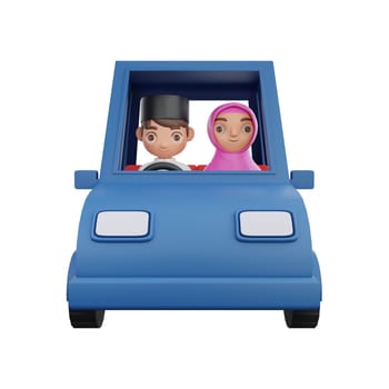 3D Illustration of Muslim character enjoying a journey as a young couple returns to their hometown, perfect for Ramadan kareem themed projects