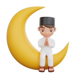 3D Illustration of Muslim character joyfully with the gesture of Salam sitting on the crescent moon, perfect for Ramadan kareem themed projects