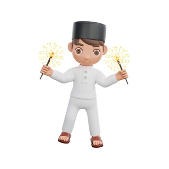 3D Illustration of Muslim character joyfully holding a sparkler , perfect for Ramadan kareem themed projects