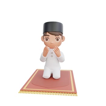 3D Illustration of Muslim character praying while sitting on a prayer mat , perfect for Ramadan kareem themed projects