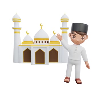 3D Illustration of Muslim character joyfully waving hand in front of a mosque, perfect for Ramadan kareem themed projects
