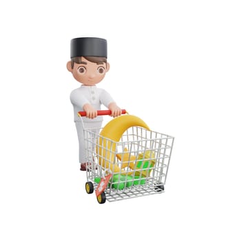 3D Illustration of Muslim character joyfully pushing a shopping cart during the Eid discount season, perfect for Ramadan kareem themed projects