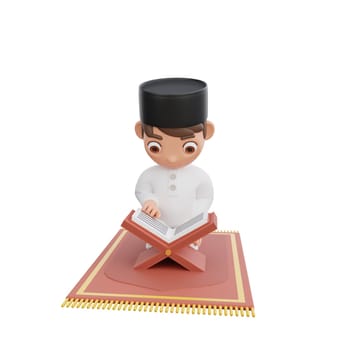 3D Illustration of Muslim character reading the Quran on a prayer mat, perfect for Ramadan kareem themed projects