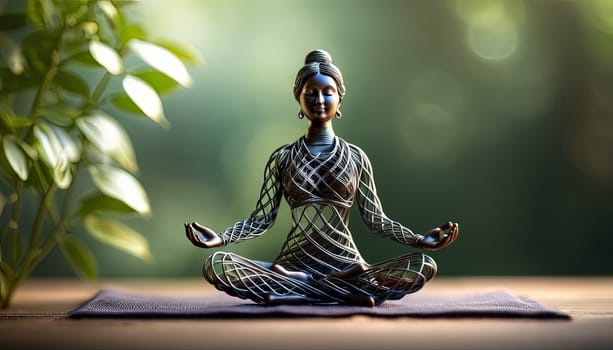 Woman in yoga pose, bent wire figure on nature backdrop, Creative figures symbol of tranquility, art and serenity intersection